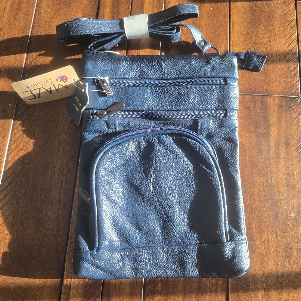 MAZE Exclusive Blue Genuine Leather Crossbody Organizer Bag | Multi-Zip Purse